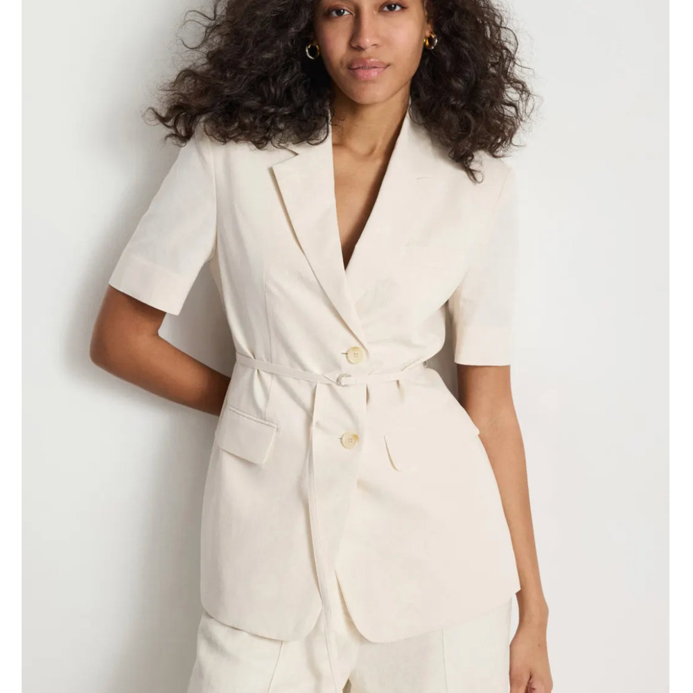 Dunst Off White Linen Blazer XS Career Top Belted Short Sleeve Designer $215